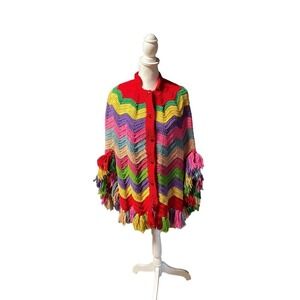 Vintage Handmade Knitted Vibrant Colorful‎ Rainbow Striped Sweater/Shawl